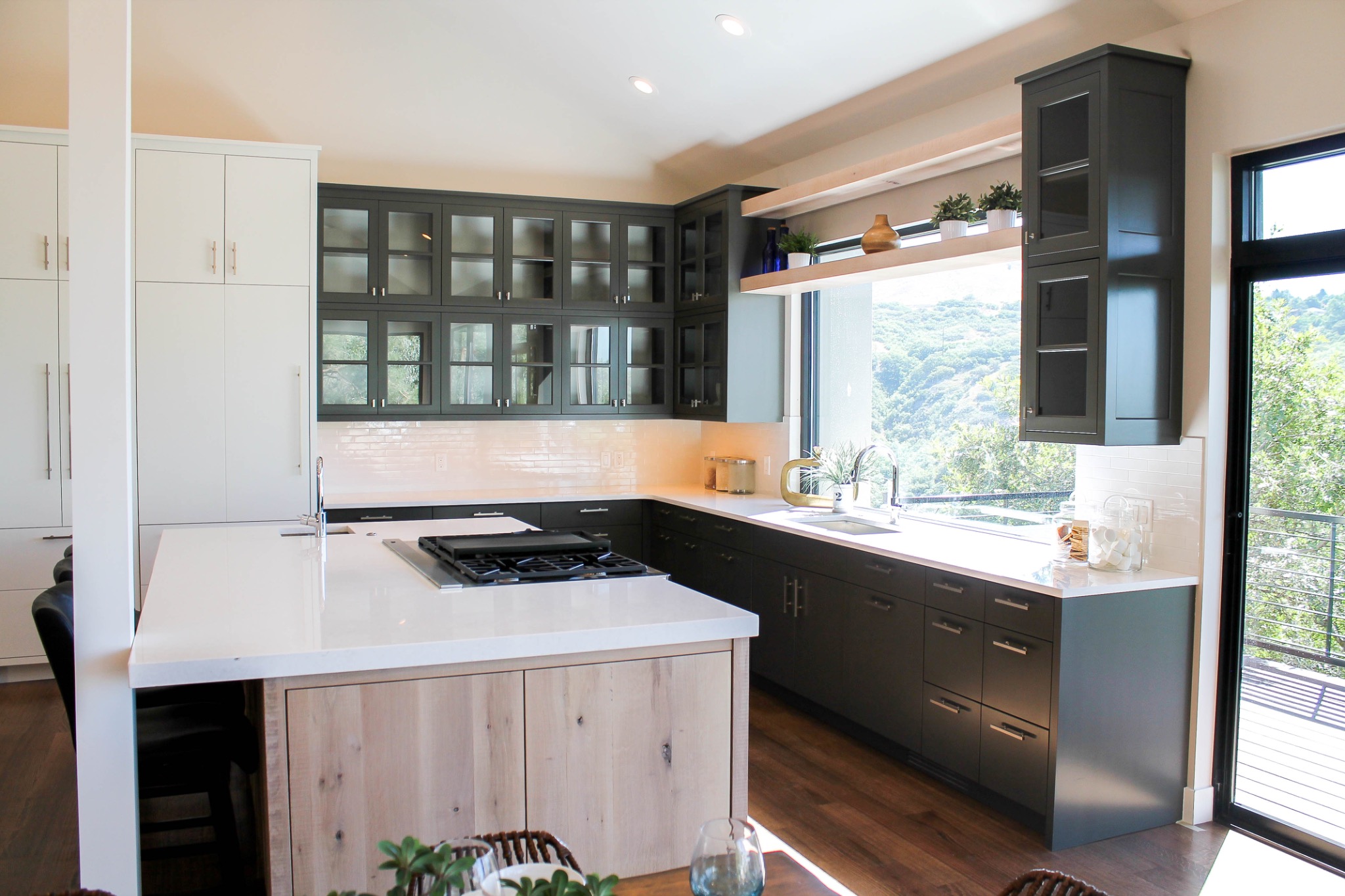 Dark grey kitchen with mountain view
